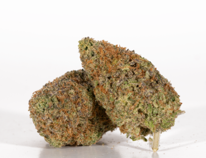 "Nahaufnahme von frischen Strawberry Cough Cannabis-Buds mit lebendigen grünen und orangen Farbtönen und einer frostigen Trichom-Schicht."